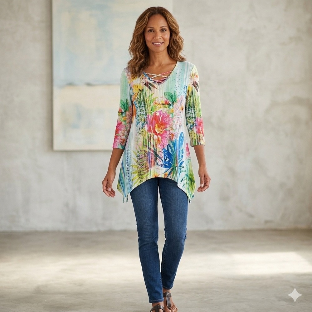 Onque Casual Womens Size Medium Tunic Top Floral Tropical Lace Sequin Sharkbite